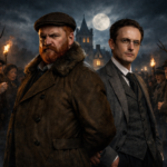 Ernsthafte Ermittler im dunklen Mantel und Schieberkappe stehen vor mondheller Nachtkulisse mit Vollmond, Flammen und dichtem Nebel, bedrohliche Stimmung.