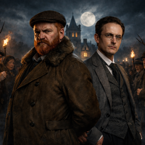 Ernsthafte Ermittler im dunklen Mantel und Schieberkappe stehen vor mondheller Nachtkulisse mit Vollmond, Flammen und dichtem Nebel, bedrohliche Stimmung.