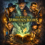 Coverbild Verbotenes Buch: Krimi-Dinner-Motiv mit mystischem Buch, brennenden Kerzen, Skull, vier Abenteurern in Kost&uuml;men und goldener Schrift.