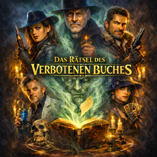Coverbild Verbotenes Buch: Krimi-Dinner-Motiv mit mystischem Buch, brennenden Kerzen, Skull, vier Abenteurern in Kostümen und goldener Schrift.