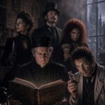 Mehrere finstere Figuren in dunkler Kleidung starren angespannt auf ein aufgeschlagenes Buch mit goldenen Symbolen, mit Spielkarten und Flasche