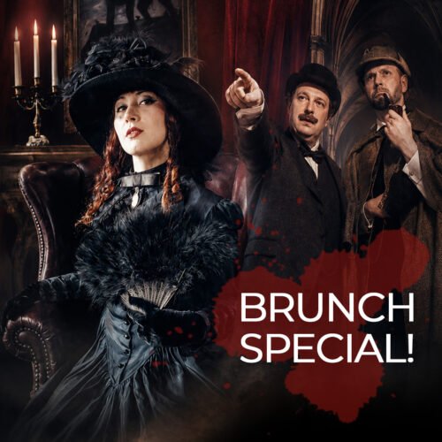 Eine Frau im schwarzen viktorianischen Kleid sitzt vor zwei Detektiven, daneben steht der Schriftzug „BRUNCH SPECIAL!“.